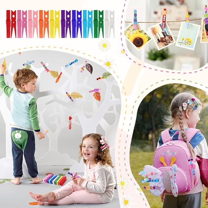 JOICEE 80PCS Cheer Pins Spirit Clips,80 Colored Wooden Clothes Pins 126 Mini Resin Animals Bows Daisy and Stickers Pen 300 Beads Pearls for Backpacks Ribbon Team Classroom Cheer Gifts Bulk