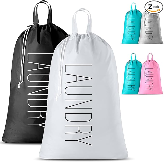 Extra Large Travel Laundry Bag - 2-Pack Fun Print Design Bags for Dirty Clothes - Durable Water-Resistant Fabric - Sturdy Drawstring Closure (Black-White | Laundry)