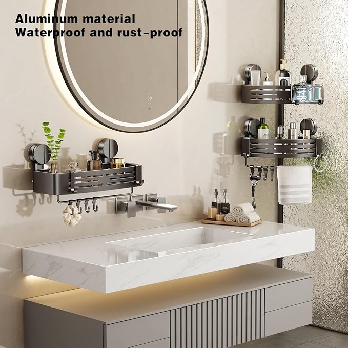 VOLPONE Shower Caddy Suction Cup No Drilling Suction Cup Shower Shelf Aluminum Bathroom Shower Organizer Storage Rack Adhesive with Towel Bar Hooks (2-Pack, Matte Gray)