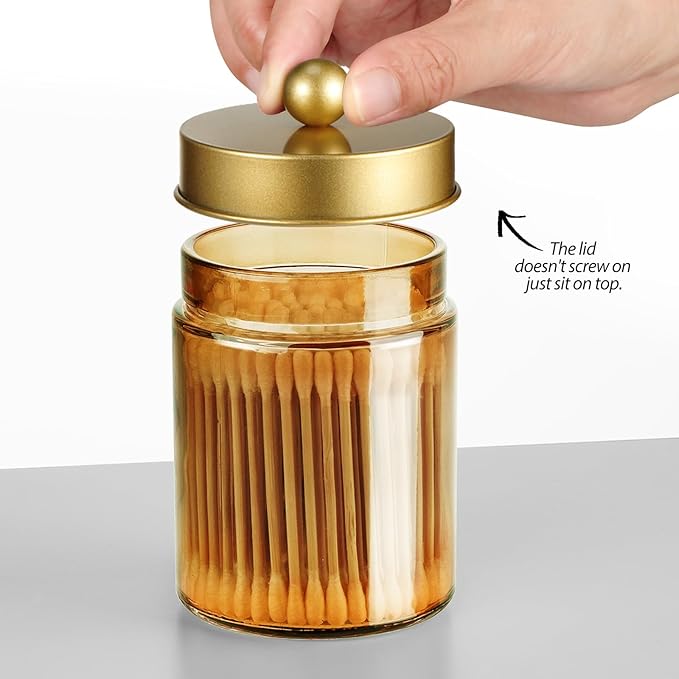 3 Pack Apothecary Jar Canisters Bathroom Vanity Organizer - Qtip Holder Storage Organizer Set Countertop Canister with Stainless Steel Lids &Cute Stickers for Qtips,Cotton Swabs,Makeup Sponges,Floss