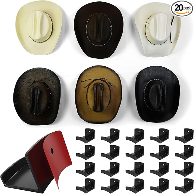 Modern JP Adhesive Hat Hooks for Wall (20-Pack) - Cowboy Hat Rack, Wide Brim Hat Organizer, Strong Hold Hat Hangers for Wall - Black