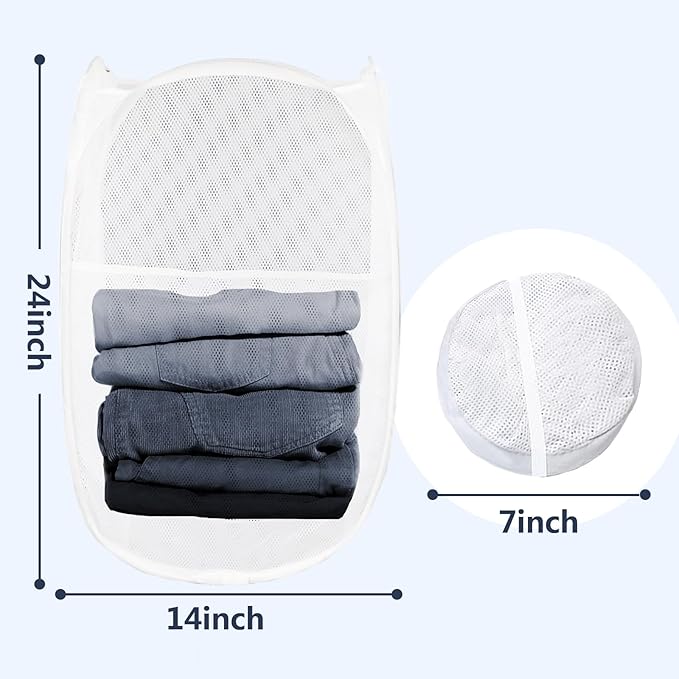 Pop Up Laundry Hamper, Mesh Laundry Basket Collapsible, Foldable Hamper for Travel and Storage (White)
