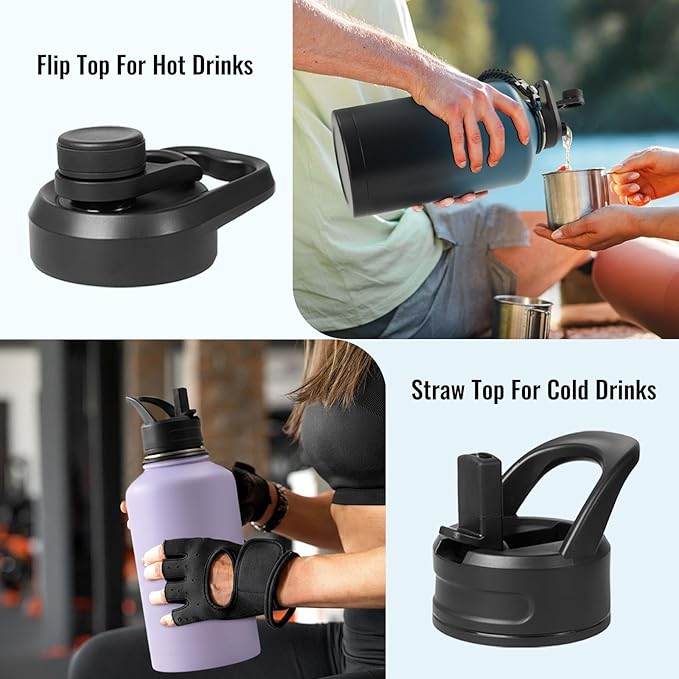 Gallon Water Bottle with 2 Lids (Straw & Spout), 304 Stainless Steel Water Jug with Handle and Wide Mouth, 1 Gallon Vacuum Double Walled Jug for Sports, Outdoors, Black/Gray, 128 oz