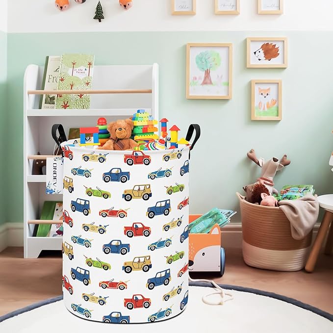 Round Foldable Kids' Racing Cars Laundry Hamper Boys Gift Basket Vehicles Transportation Suitable For Home Decoration and Toy Storage(Car)