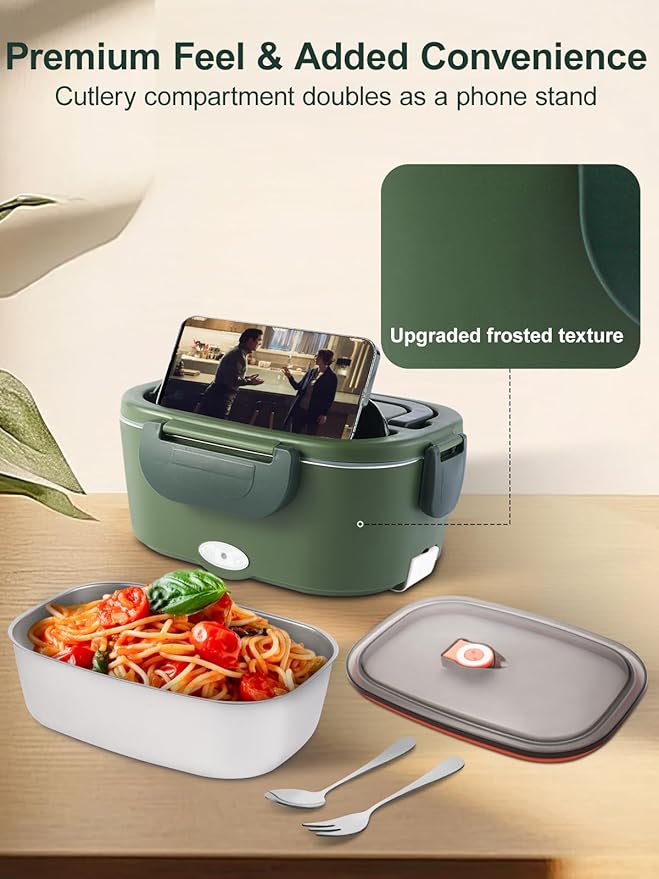 2025 Upgraded 80W Heated Lunch Box with Insulated Bag, 1.5L SS Container with Lid & 0.45L Fruit Box Electric Lunch Box for Adults, 12V/24V/110V Portable Food Warmer for Home/Car/Truck (Green)