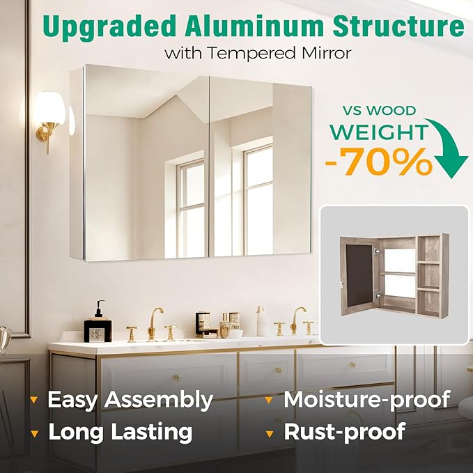 20 x 26 Inch Medicine Cabinet Mirror,Bathroom Mirror Cabinet with Adjustable Shelves,Aluminum Silver Medicine Cabinets for Bathroom,Recessed or Wall Mounted Medicine Cabinets