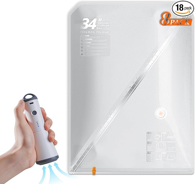 Vacbird Vacuum Seal Bags, 8 Pack 39" Vacuum Storage Bags with Rechargeable Cordless Pump for Space-Saving Compression of Clothing, Blankets, Duvets, Comforters, Pillows