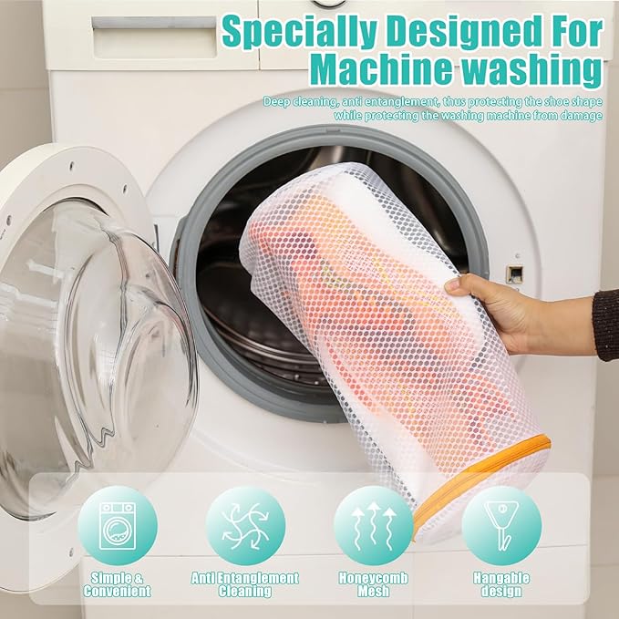 Kimmama Shoe Washing Machine Bag, Shoe Bag for Washing Machine, Mesh Laundry Bags for Sneakers, Footwear, Trainers, Slippers, Honeycomb Net, Orange Zipper, 7x15"