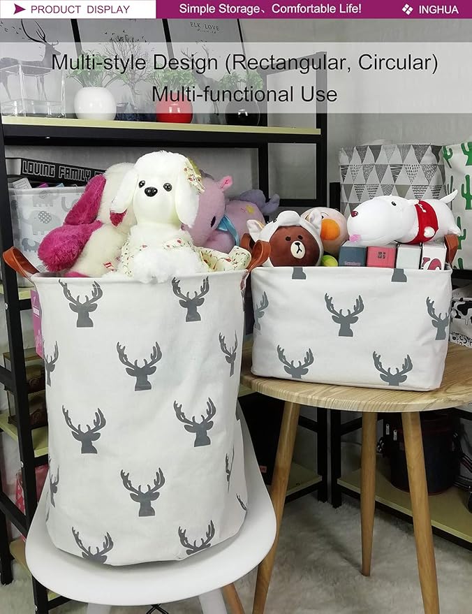 Laundry Hamper Large Canvas Fabric Lightweight Storage Basket/Toy Organizer/Dirty Clothes Collapsible Waterproof for College Dorms, Boys and Girls Bedroom,Bathroom(grey deer)