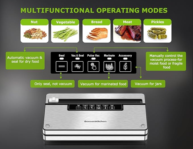 Bonsenkitchen Vacuum Sealer for Food, with Cutter&Bag Storage,Silver Black