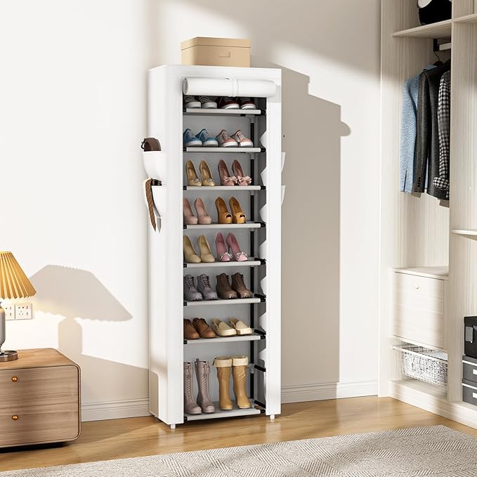 Shoe Rack with Cover Narrow Shoe Rack Organizer with 4 Side Pockets 10 Tier Tall Shoe Storage Shoe Shelf Holds 18-22 Pairs Shoes and Boots Shoe Rack for Closet, White