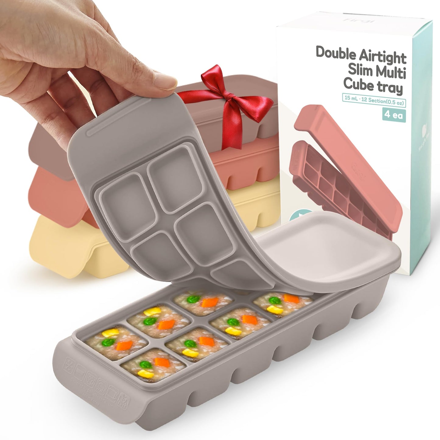 Firgi 1.7 oz/4 Sections Silicone Ice Cube Freezer Tray with Lid, 100% Food-Grade Platinum Silicone,Leak Resistance & Dishwasher Safe for Baby Food Prep,Breast Milk,Purees - Korean Made, Brown
