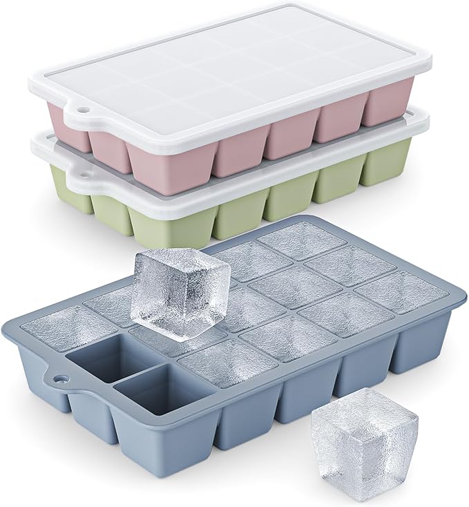 Silicone Ice Cube Tray 3 Pack - EASY RELEASE ice cube tray with lid, BPA Free Ice Cubes Trays for Freezer,ice cube mold for Cocktail,Whiskey (Black+Grey+Mint)