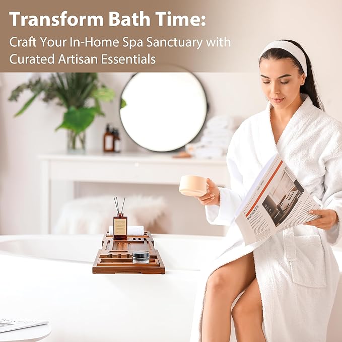 Teak Bathtub Tray | Adjustable Width Tray with Wine Holder, Tablet/Phone & Book Stand, Splash-Proof for Bath Time- Natural