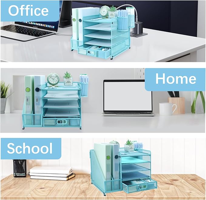 Desk Organiser File Holder With 2 Pen Holder, 5 Tier Paper Letter Tray Organiser with Drawer,Mesh Desktop Storage with Magazine Holder for Office Supplies, Sky Blue