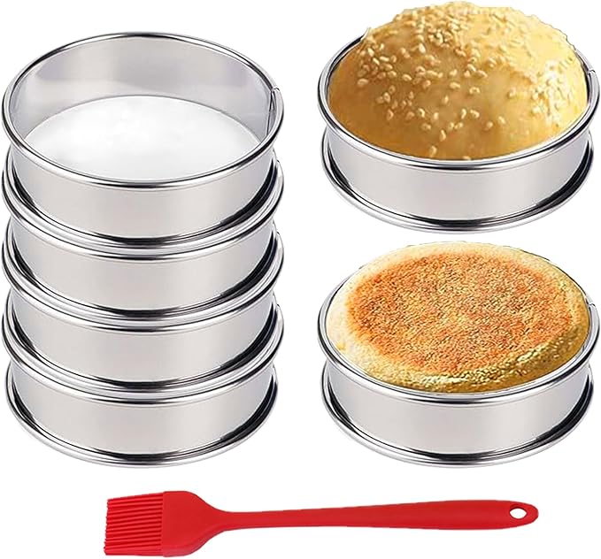 HLMOptimo English Muffin Rings, Stainless Steel Crumpet Rings, 6 Pcs Nonstick Metal Round Ring Molds with Silicone Oil Brush (4 inch 12 pcs)