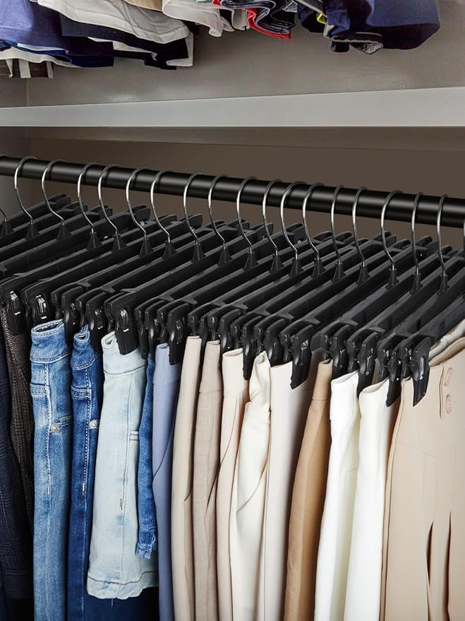 Smartor Space Saving Skirt Hangers - 60 Pack, Slim Plastic Pants and Shorts Hangers, Ridged Non-Slip with Pinch Clips, Black Clip Hangers for Women, 360-Rotating Chrome Swivel Hook, 12 Inches