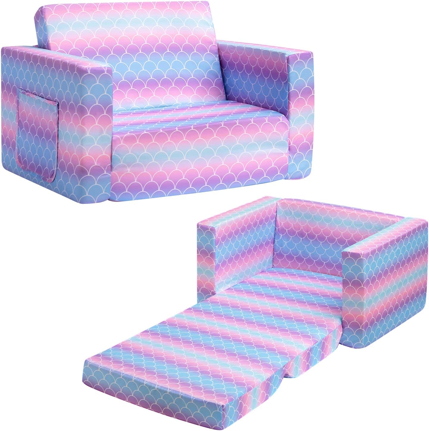ALIMORDEN 2-in-1 Flip Out Comfy Toddler Couch, Lovely Kids Chair Convertible Sofa to Lounger for Story/Nap Time, Mermaid Scale