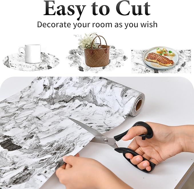 Drawer and Shelf Liner for Kitchen Cabinet: 12 in X 20 Ft Non Slip Waterproof Shelf Paper Non Adhesive Refrigerator Liners Grey and White Marble Easy Liners for Bathroom with Knife Tape Measure