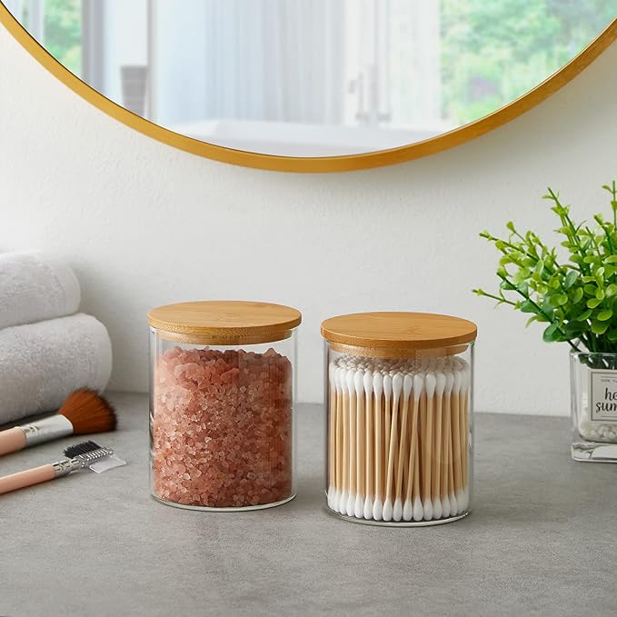 4 Pack Glass Qtip Holder Dispenser Glass Apothecary Jars with Lids Cotton Ball Swab Pad Holder Bathroom Essential Canisters Accessories Jars for Bathroom Organization Vanity Organizers