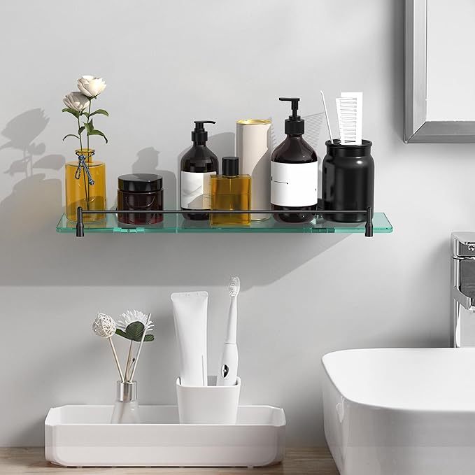 20 Inches Glass Shelves for Bathroom, Matte Black Floating Glass Shelf Stainless Steel Tempered Glass Bathroom Shelves for Wall Mount Modern