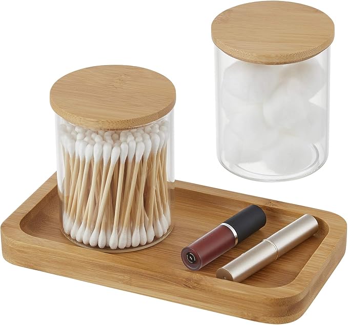 Glass Qtip Holder with Vanity Tray, Apothecary Jars Bathroom Accessories Bathroom Canisters Organizer Countertop Q Tip Holder for Cotton Ball Round Swab Pad Hair Ties Floss Perfume Jewelry