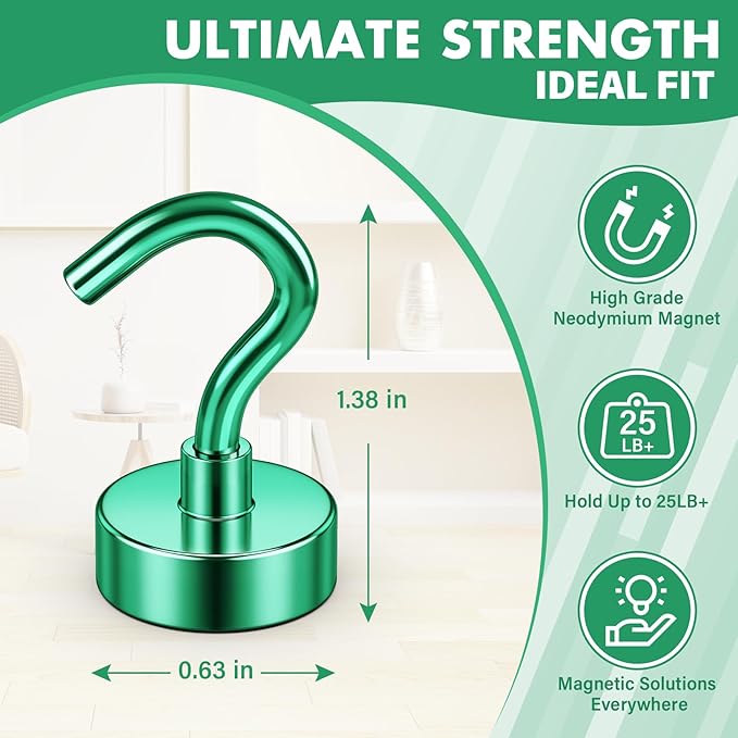 Magnetic Hooks, 8 Pack Strong Magnetic Hooks Cruise for Hanging, 25lbs Magnets with Hook for Cruise Cabins, Magnets for Whiteboard, Garage, Grill, Lock Accessories, Green