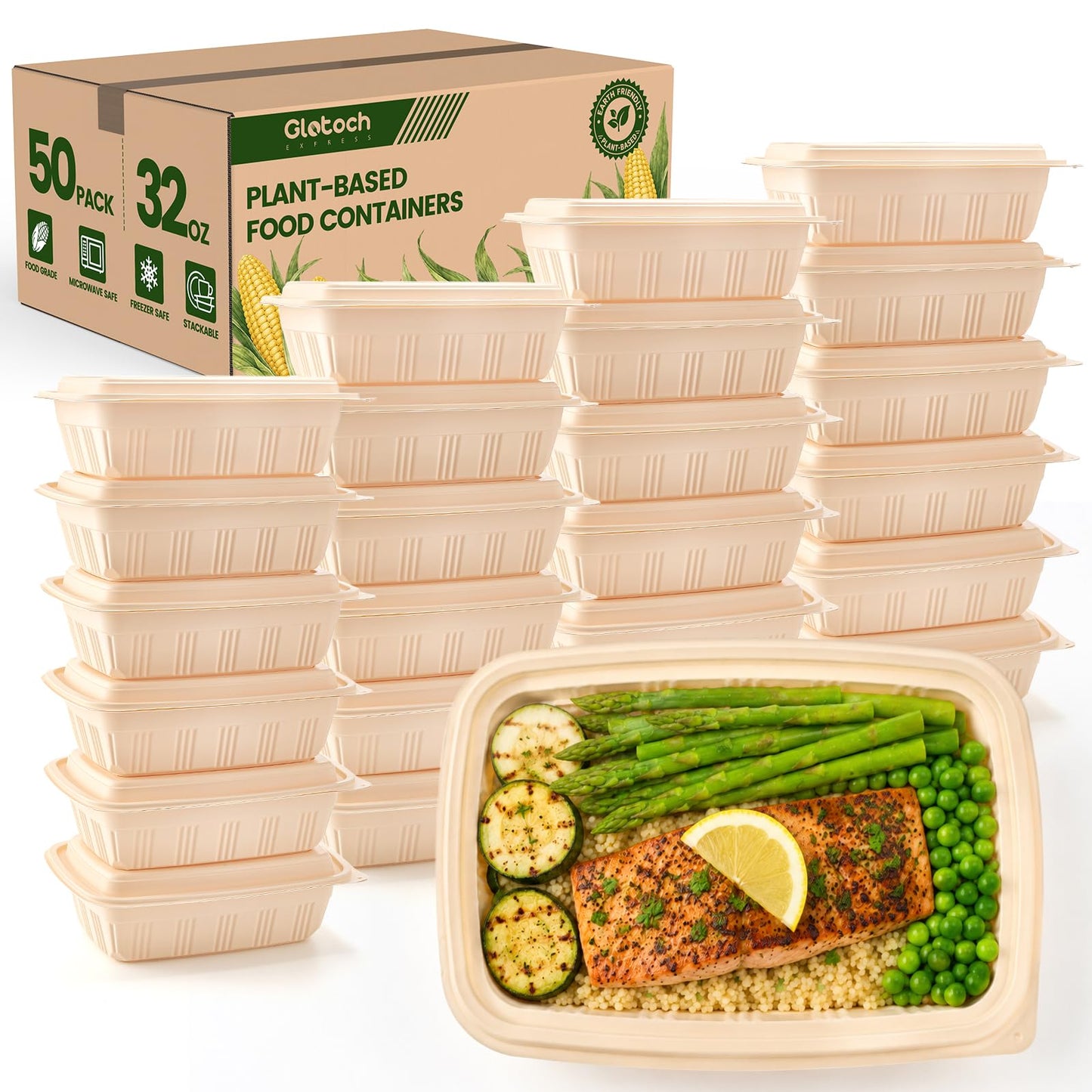 100 Piece (50 Pack) Meal Prep Containers Reusable - 2 Compartment 32 oz Cornstarch Snack Containers with Lids - Plastic Food Storage Salad Containers - To Go Lunch Box - Microwave & Freezer Safe