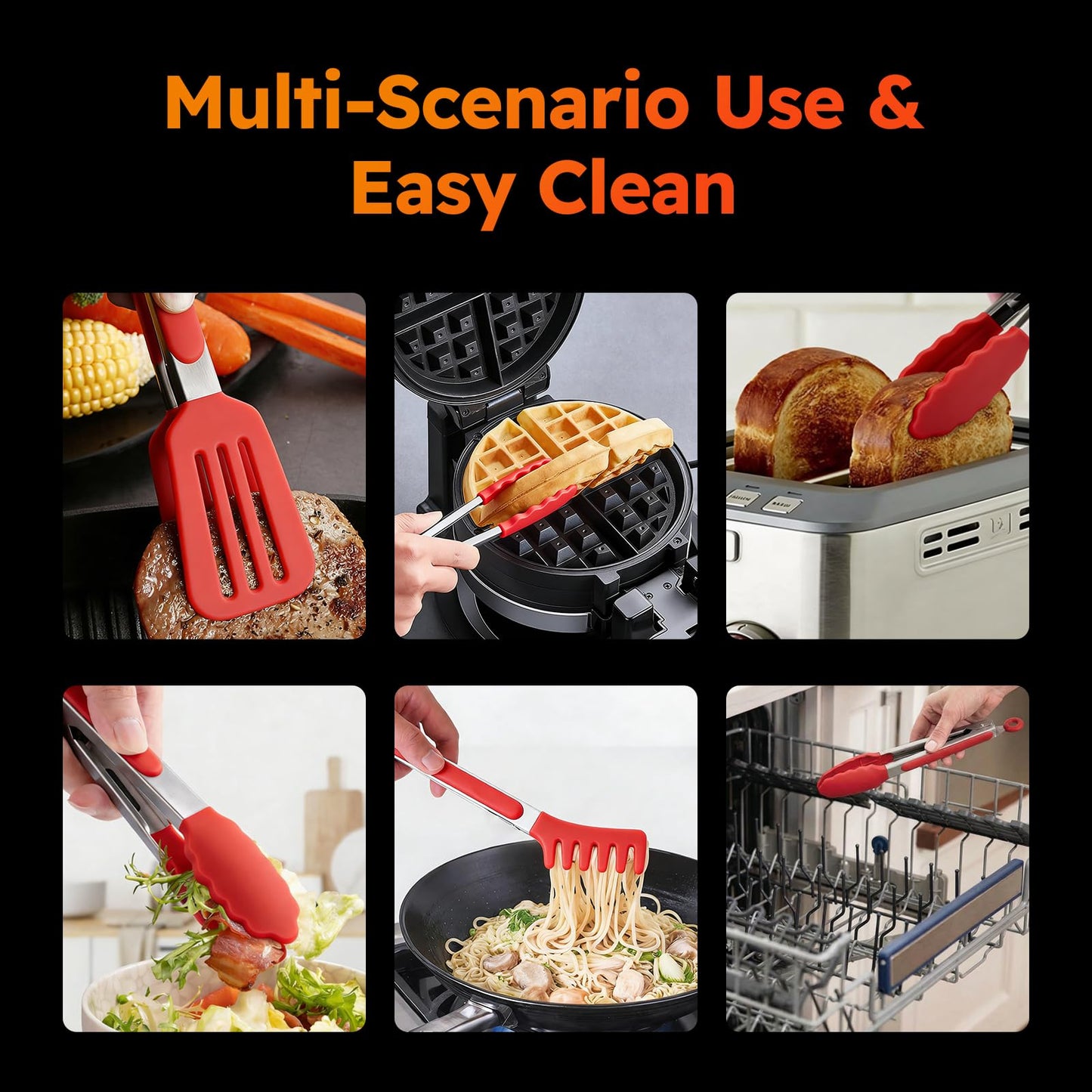HST 3 Pack Kitchen Tongs, Non Stick Stainless Steel 9 Inch Tongs