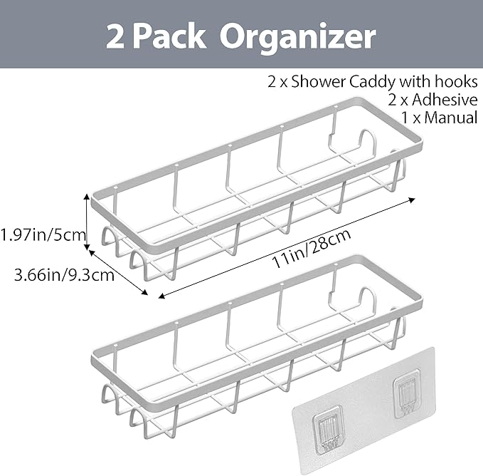 Shower Caddy Organizer with Hooks,Self Adhesive Bathroom Shelves,No Drilling Bathroom Organizers and Storage,Perfect for RV, Apartment, Home Decor,2 Pack White