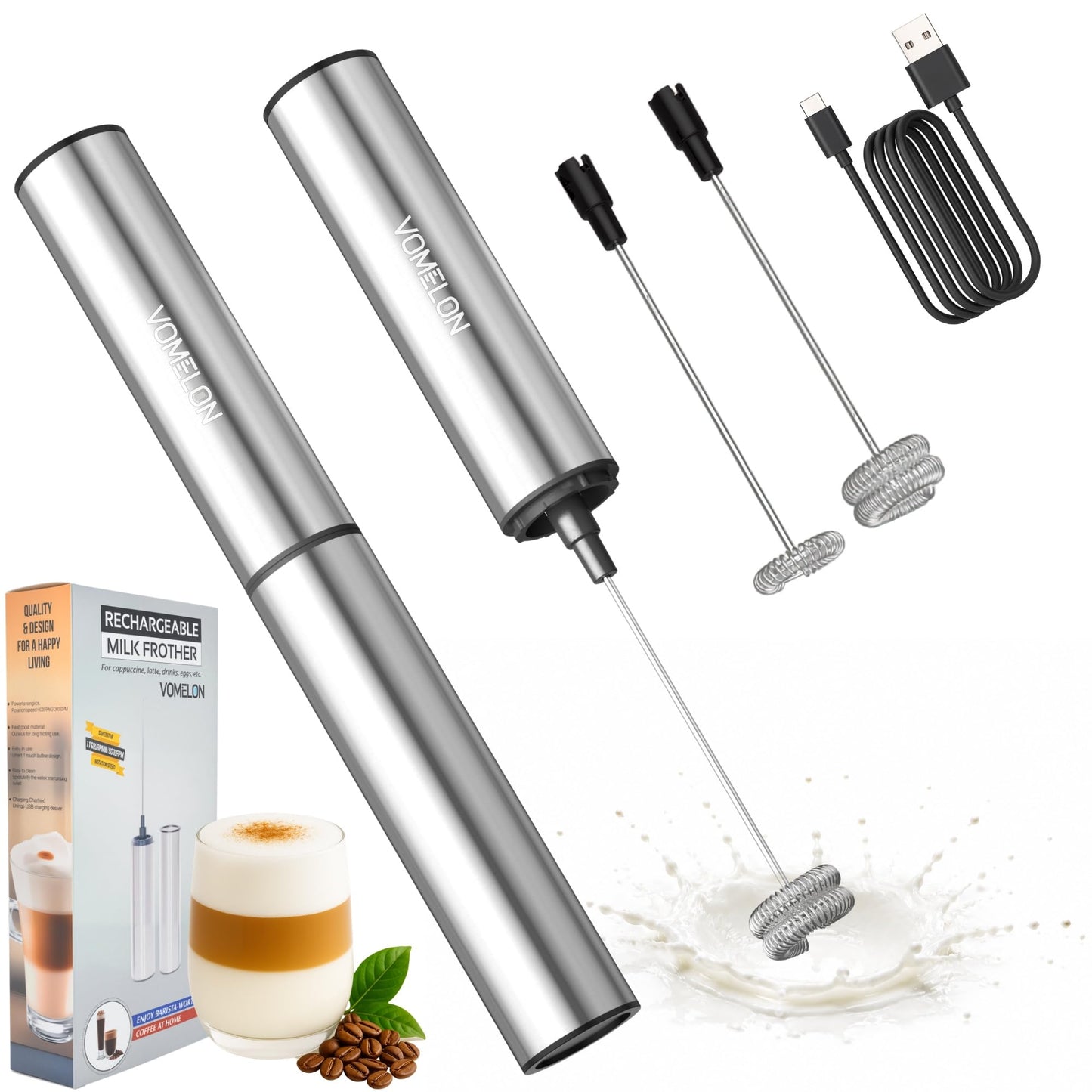 Rechargeable Milk Frother Battery Operated,2-Speed Portable Travel Frother,Electric Milk Foamer Coffee Frother for Latte, Cappuccino, Hot Chocolate Drink Mixer with Double Mini Whisks and USB Cable