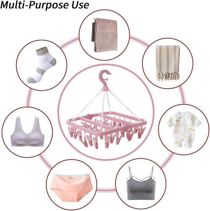 Clothes Drying Rack with 32 Clips, Foldable Hanging Rack, 360° Rotatable Hook for Drying Socks Baby Clothes Towels Gloves(Light Pink)