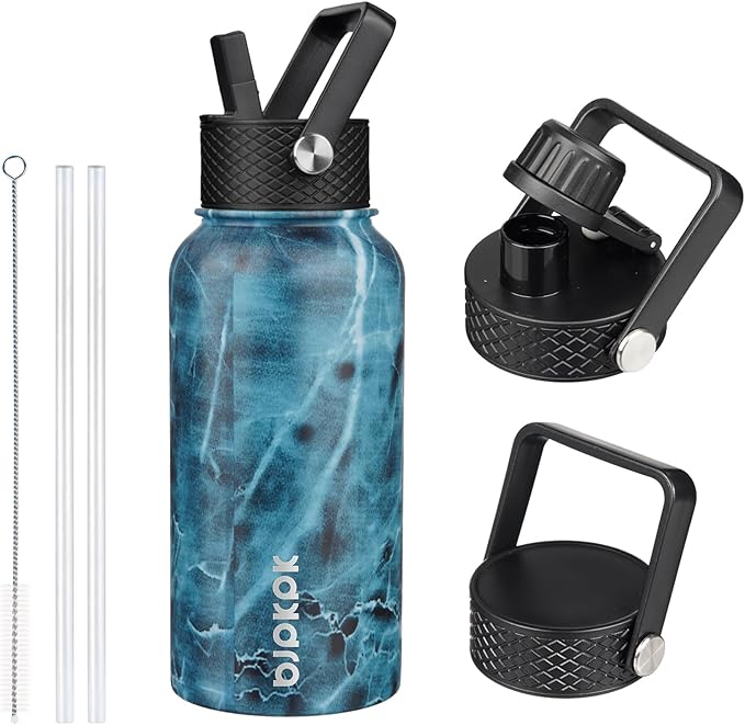 BJPKPK Insulated Water Bottles with Straw Lid, 27oz Stainless Steel Water Bottle with 3 Lids, Leak Proof BPA Free Metal Thermo, Mugs, Tumblers, Keep Cold Hot -Ocean