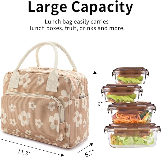 Lunch Bag Women Lunch Box for Women Adult Cute Insulated Lunch Bag Lager Cooler Lunch Tote Bags for Work Picnic (Brown-Flower)