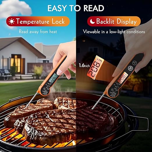 CaloriMastery Meat Thermometer Digital with Backlight, Calibration & Hold Function, IP65 Waterproof Food Thermometer for Cooking, Outdoor Grilling, Candy Making