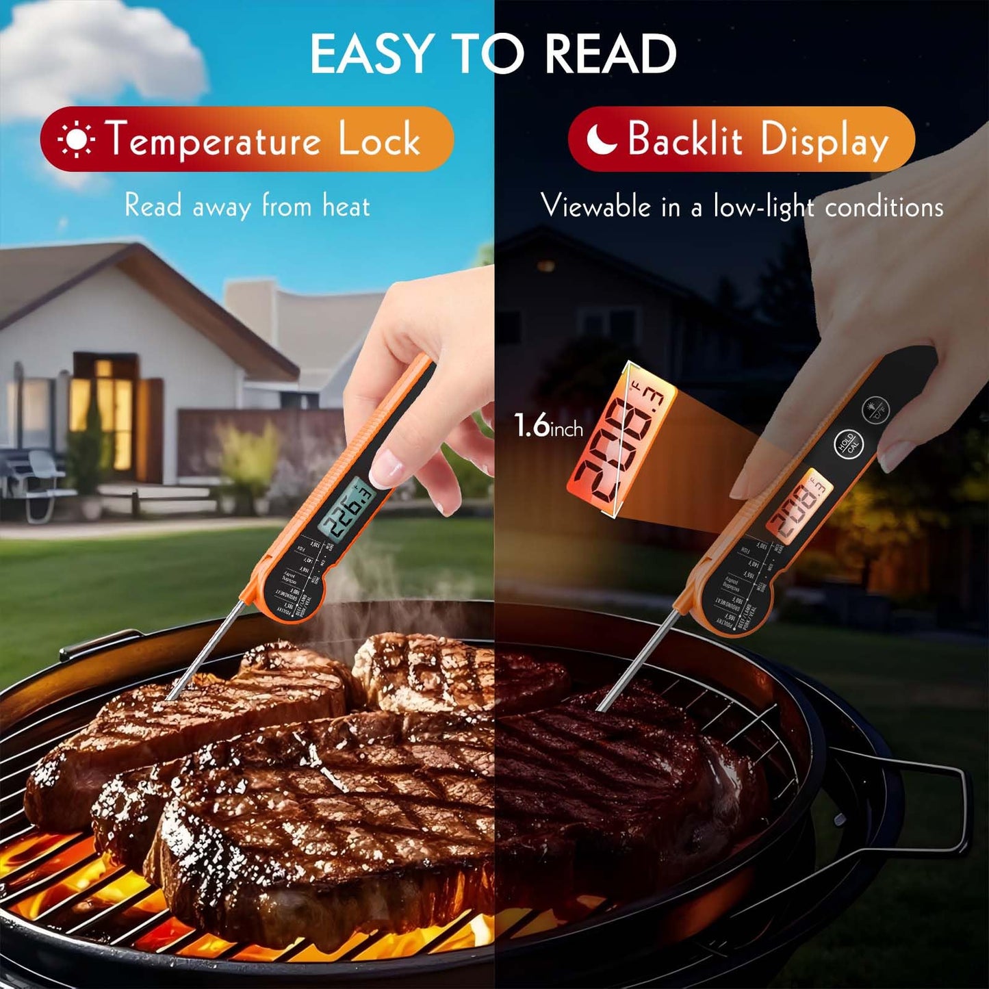 CaloriMastery Meat Thermometer Digital with Backlight, Calibration & Hold Function, IP65 Waterproof Food Thermometer for Cooking, Outdoor Grilling, Candy Making