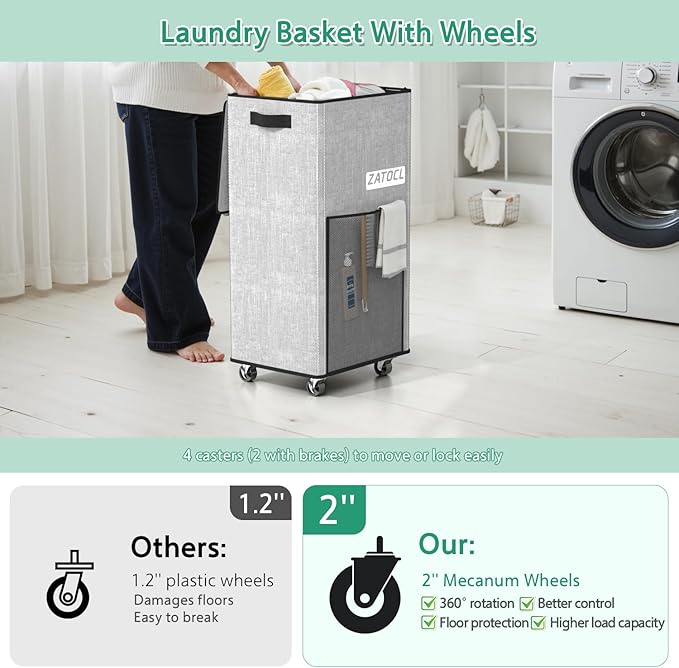 Laundry Hamper with Lid and Wheels, 29 Gal Rolling Laundry Basket with Washing Bag & Front Mesh Bag, Collapsible Dirty Clothes Hampers for Bedroom Aesthetic, Bathroom, Dorm, Laundry Room - Easy Carry