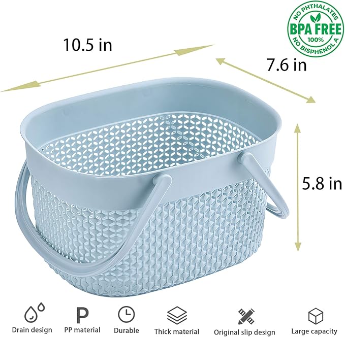 rejomiik Portable Shower Caddy Basket, Plastic Organizer Storage Tote with Handles Toiletry Bag Bin Box for Bathroom, College Dorm Room Essentials, Kitchen, Camp, Gym, Blue