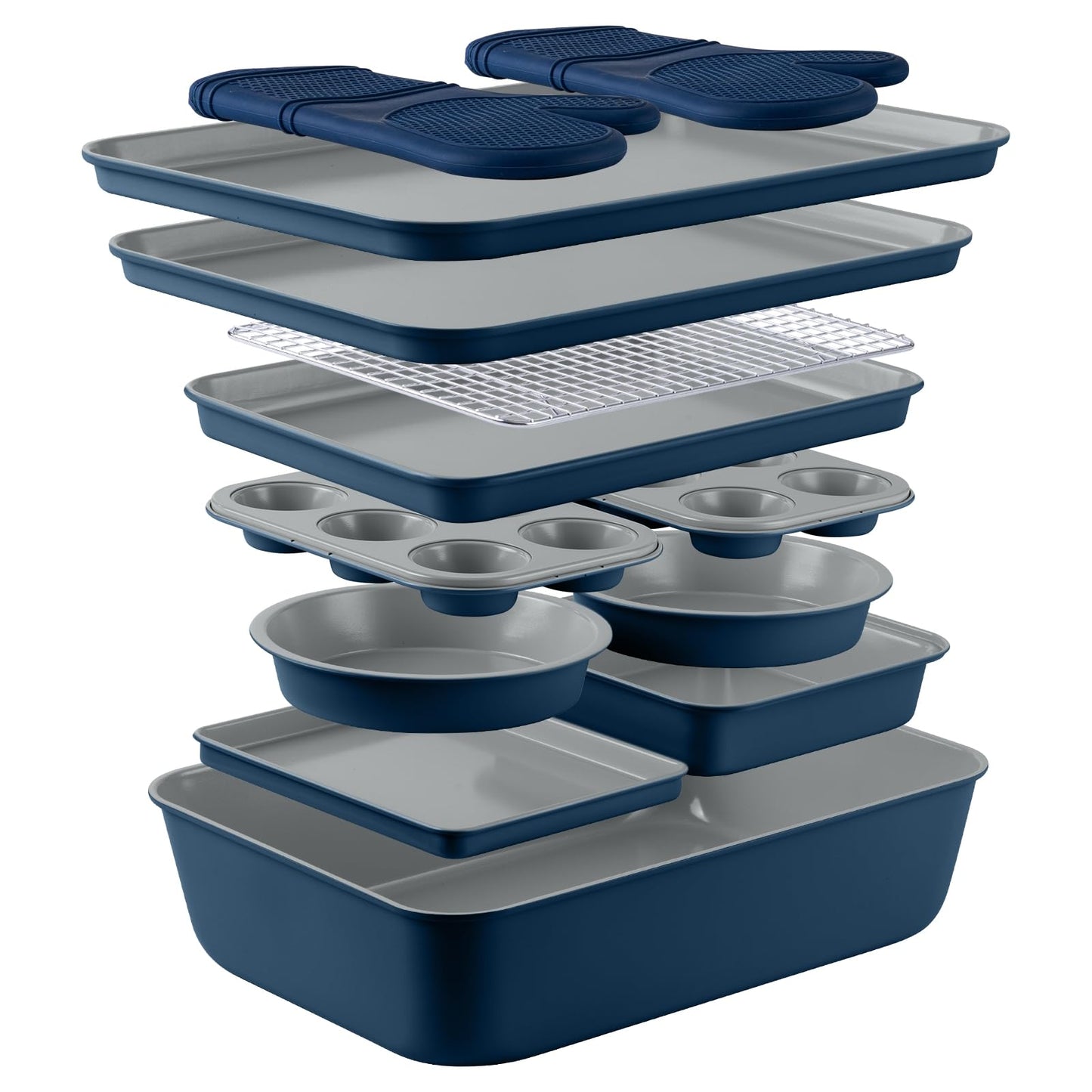 Country Kitchen Nonstick Stackable Bakeware Set - Deluxe Heavy Duty, Durable, Easy Release Baking Set, Denim, 13 Pcs
