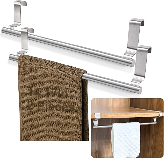 Mziart Kitchen Towel Holder, 2 Pack Over The Door Towel Rack, Over Cabinet Door Towel Bar Stainless Steel Dish Washcloth Hanger, EVA Foam Protective Pad & Non-Slip Self-Adhesive Blocks (14 Inch)