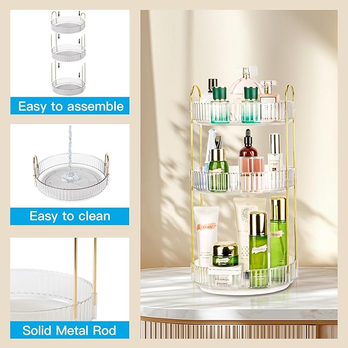 360 Rotating Makeup Organizer - Large Capacity Spinning Perfume & Cosmetic Skincare Holder for Countertop (Pearl White, 3 Tier)