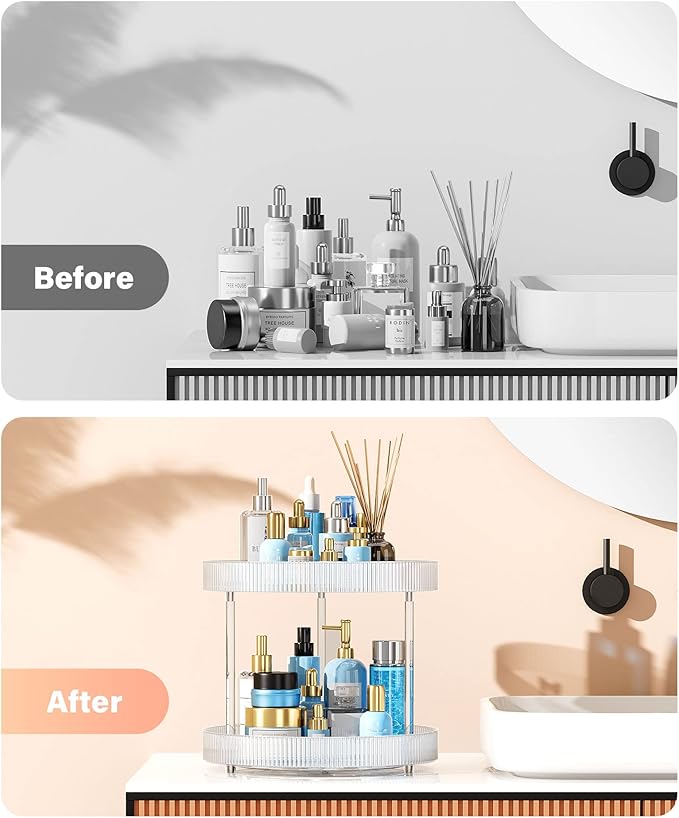 360° Clear Rotating Storage Tray, 2 Tier Lazy Susan Bathroom Countertop Organizer, Cosmetics and Perfume Organizer, Spinning Storage Tray Vanity Organizer Shelf for Bathroom Cabinet, Kitchen(Medium)