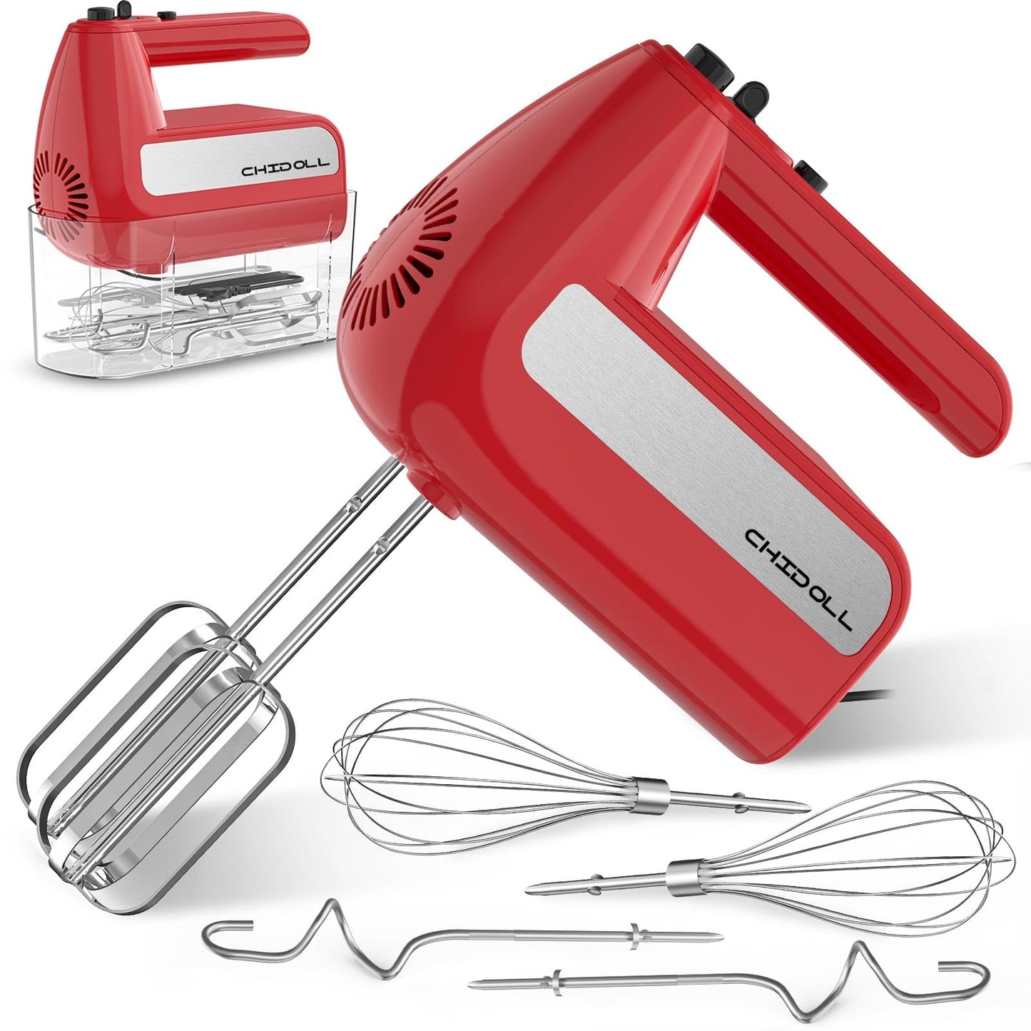 5-Speed Electric Hand Mixer, 800W Handheld Mixer with Turbo for Baking & Cooking, Kitchen Food Mixer with Storage Case & 6 Stainless Steel Attachments (2 Beaters, 2 Dough Hooks, 2 Whisks)-White
