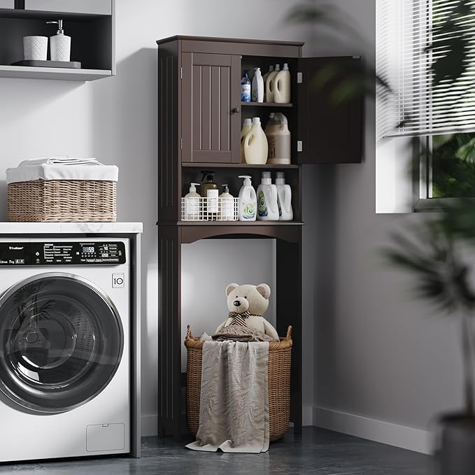 Bealife Over The Toilet Storage Cabinet with Open Shelf, Over Toilet Bathroom Organizer with Adjustable Shelf and Double Doors, Over The Toilet Storage Shelf Free Standing for Bathroom - Espresso