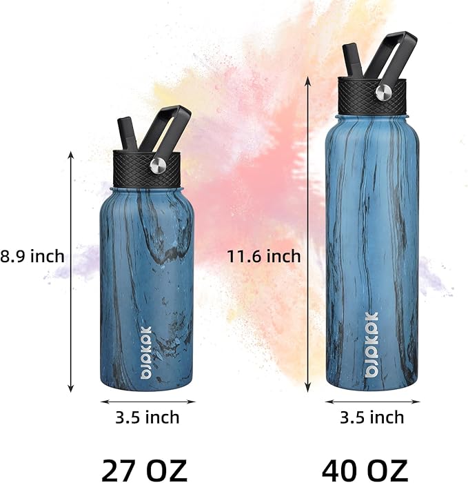 BJPKPK Insulated Water Bottles with Straw Lid, 27oz Stainless Steel Water Bottle with 3 Lids, Leak Proof BPA Free Metal Thermo, Mugs, Tumblers, Keep Cold Hot - Wood Prussian Blue