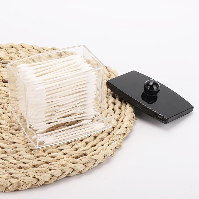 Tbestmax 10oz Qtip Holder Dispenser Big Clear Bathroom Organizer Accessories Decor for Storage-Qtips Cotton Ball Holder Apothecary Jars, Cotton Swabs, Floss Container - Black Lid