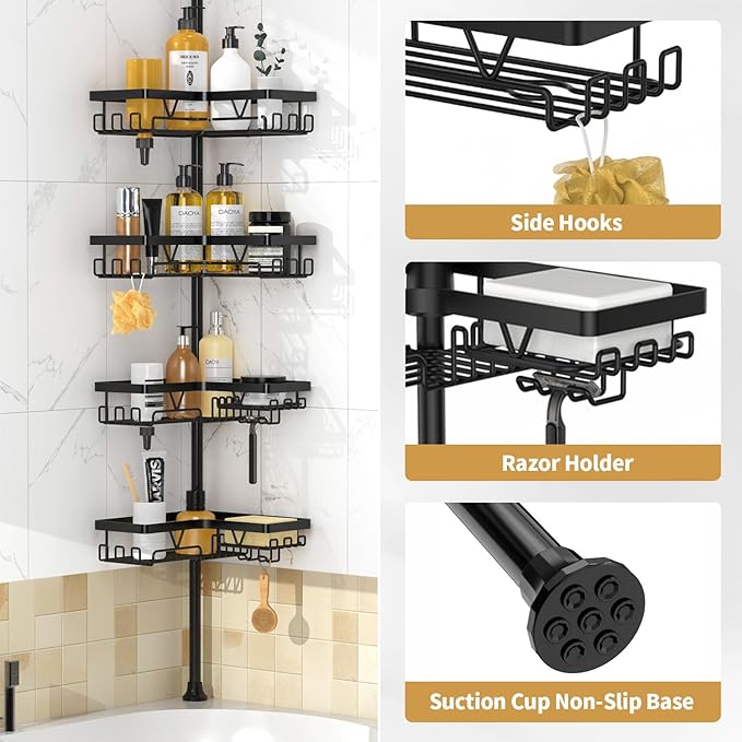 Corner Shower Caddy - 4-Tier Shower Caddy Tension Pole with 2 Removable Soap holders Bathroom Shampoo Holder for Bathtub & Corner, Black, Floor to Ceiling 25-114.2 inch