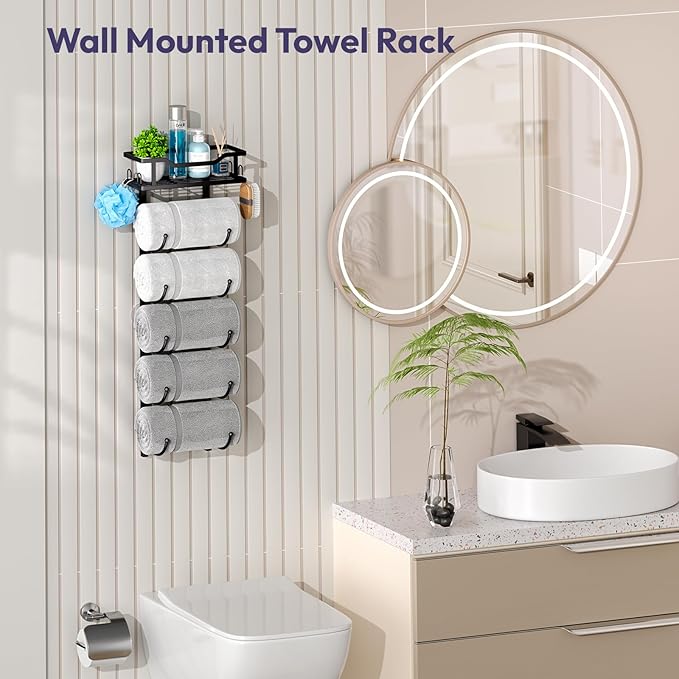 SWTYMIKI Over The Door Towel Rack - 6 Tier Towel Racks for Bathroom Wall Mounted, Towel Holder with Shelf, Hanging Rolled Towel Storage Organizer for Small Bathroom, Camper, RV, Black