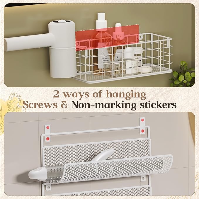 Wall-Mounted Hair Dryer Holder Styling Tool Organizer 4-Shelf Storage Wire Basket with Hook Heat Safe Rack for Hair-Straighteners,Curling Wands,Flat Iron,Cabinet Door Bathroom Kitchen White