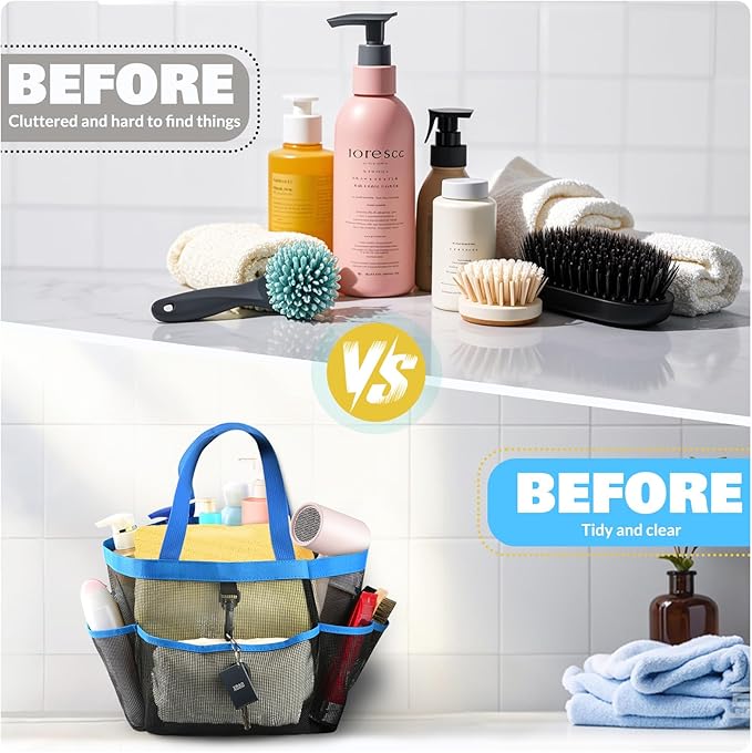 Mesh Shower Caddy Portable for College Dorm Room Essentials with 8 Pockets, Shower Bag for Beach, Swimming, Gym, Travel, Bathroom(Blue)